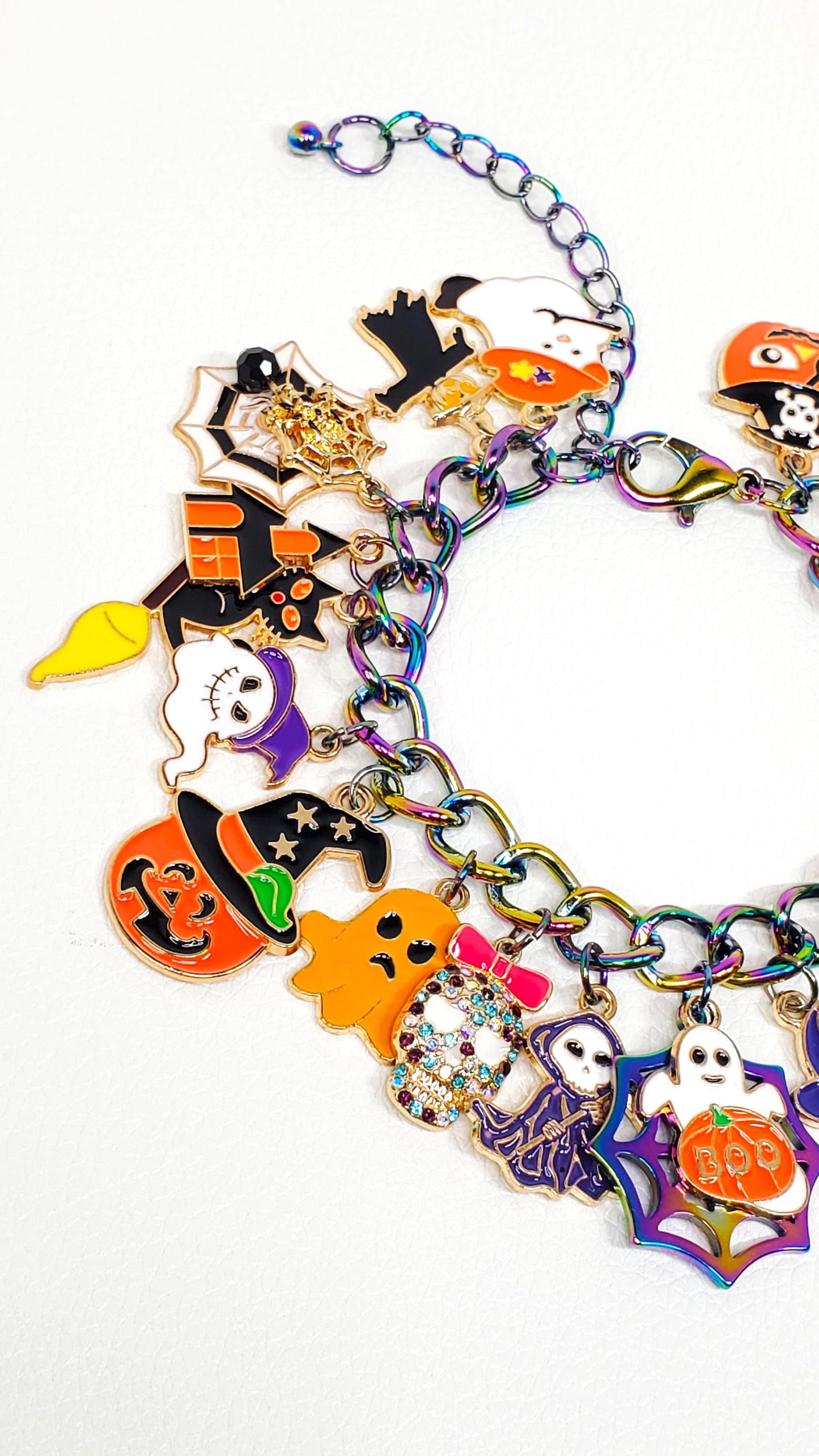 Halloween Charm Bracelet, Pumpkins, Ghost, Spider Webs, Cat, Moon, Crystals