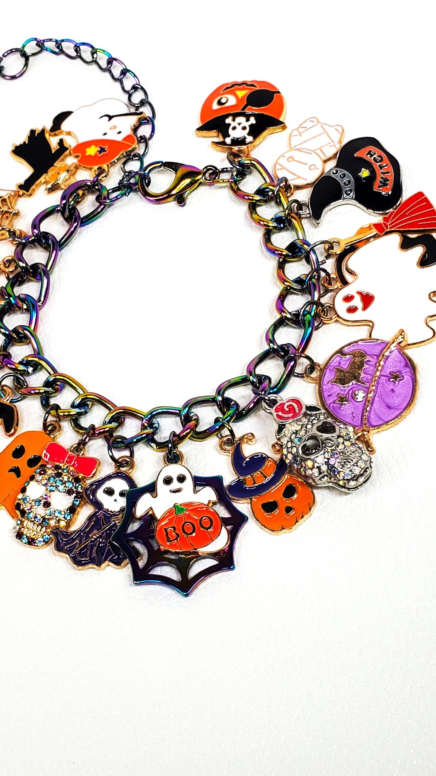 Halloween Charm Bracelet, Pumpkins, Ghost, Spider Webs, Cat, Moon, Crystals