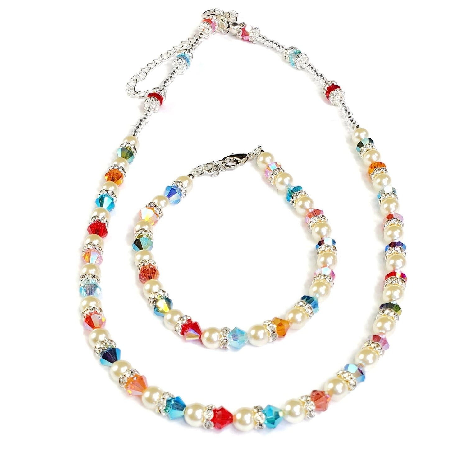 Multi Rainbow Color Crystal Beaded Pearl Necklace and Bracelet Set Wedding Jewelry
