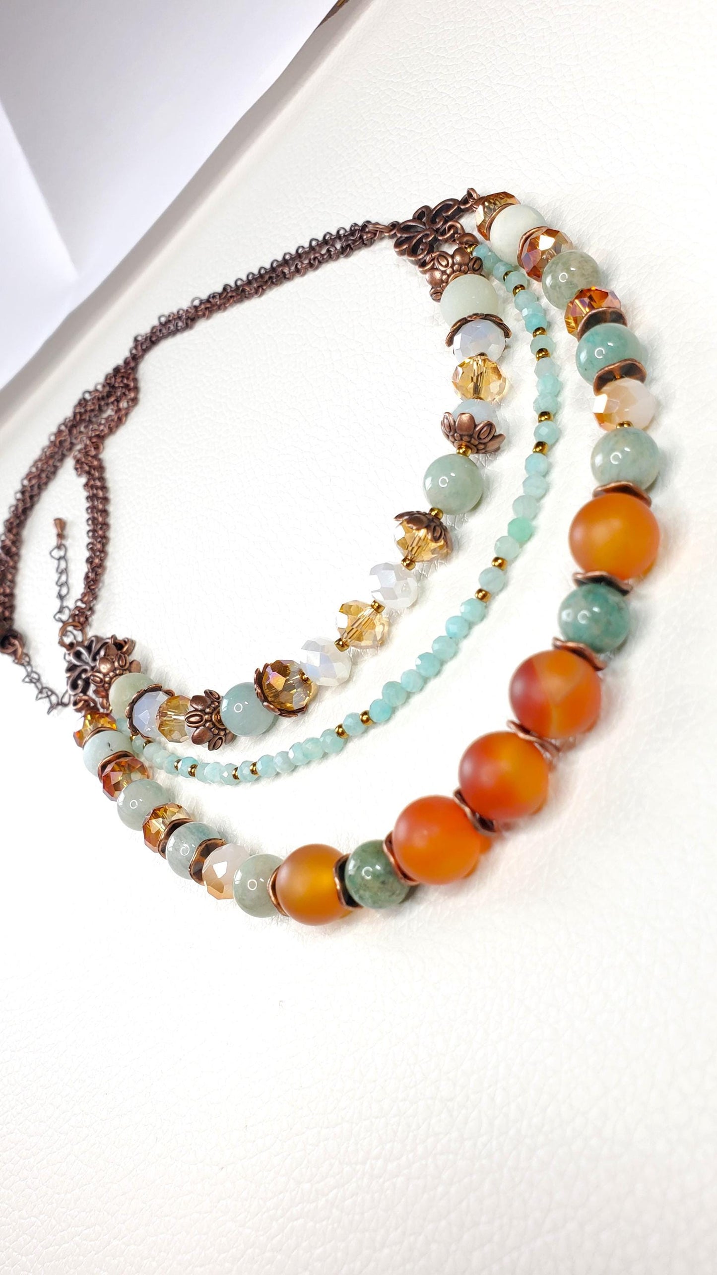 Three Strand Drop Double Chain Gemstone and Crystal Adjustable Necklace Made With Amazonite Red Agate and Crystals