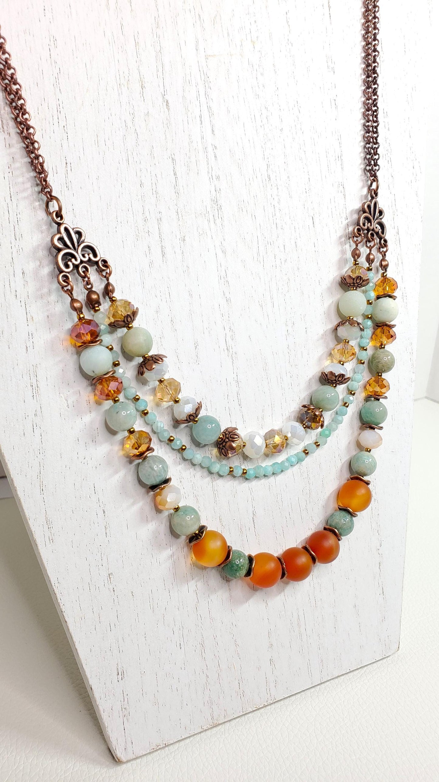 Three Strand Drop Double Chain Gemstone and Crystal Adjustable Necklace Made With Amazonite Red Agate and Crystals