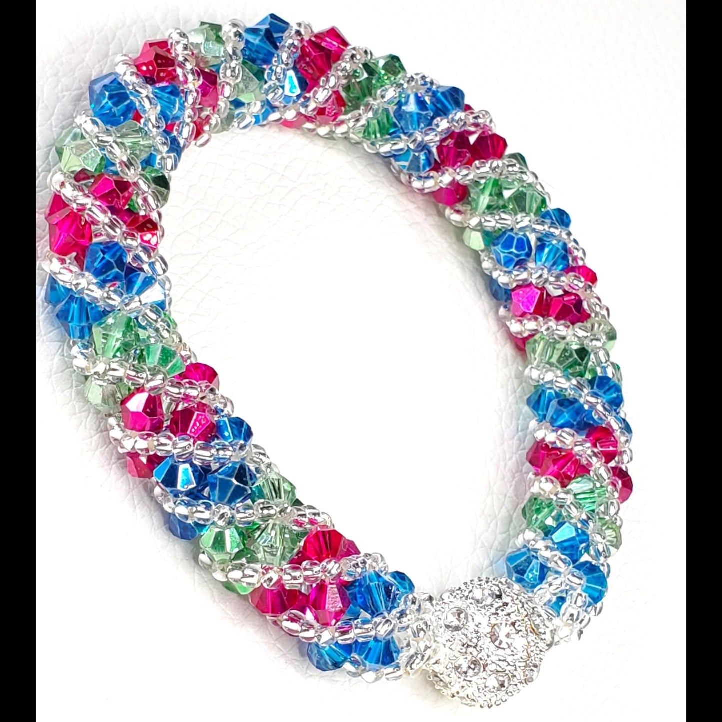 Crystal Beaded Bracelet, Fuschia, Green, Blue Spiral Bracelet