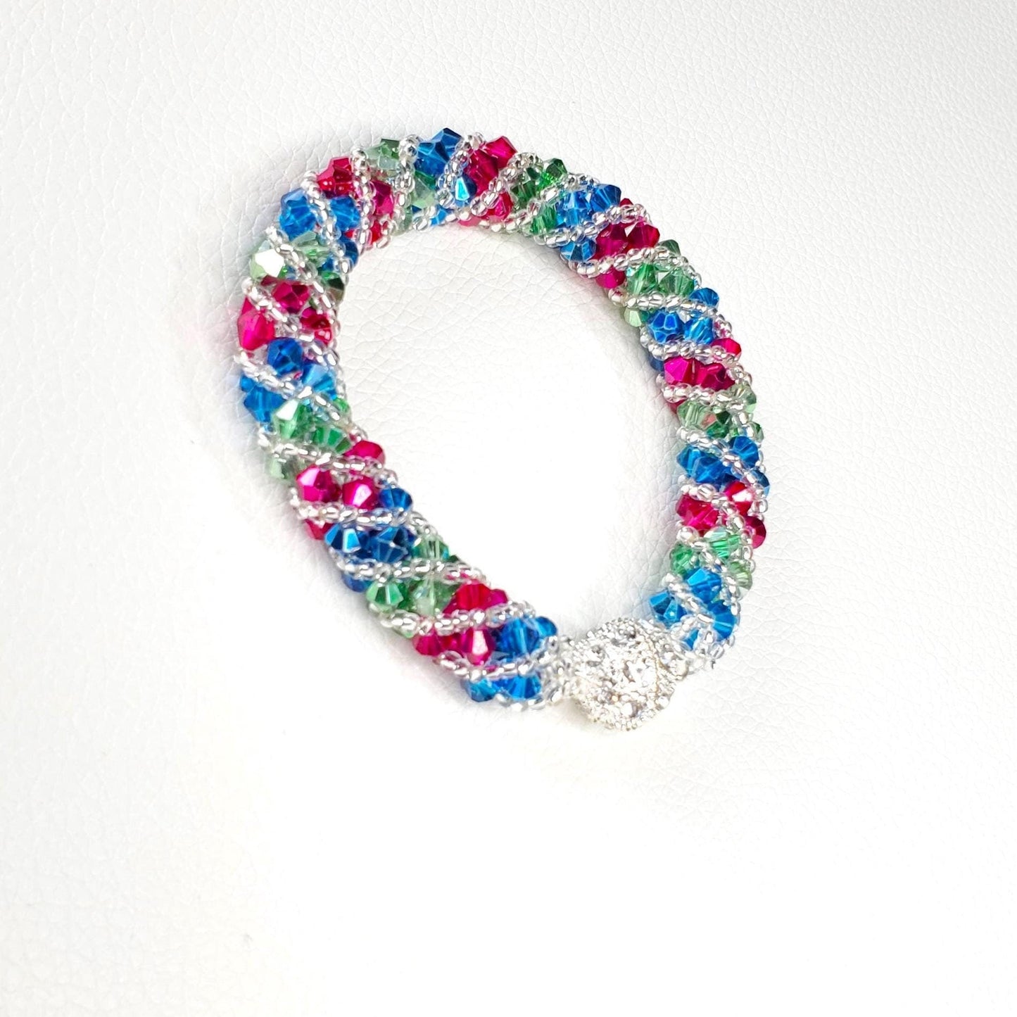 Crystal Beaded Bracelet, Fuschia, Green, Blue Spiral Bracelet