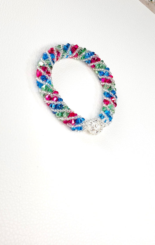 Crystal Beaded Bracelet, Fuschia, Green, Blue Spiral Bracelet
