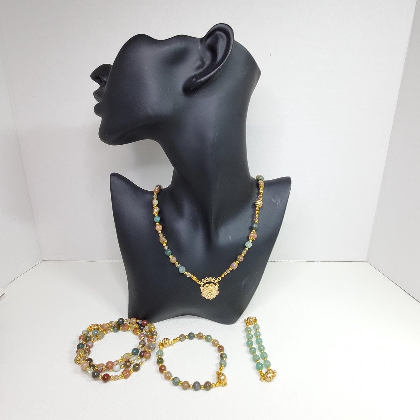 Jasper and Green Aventurine Magnetic Mix & Match Necklace/Bracelet  Five Way Necklace Set 18k Gold Plated Filigree Components