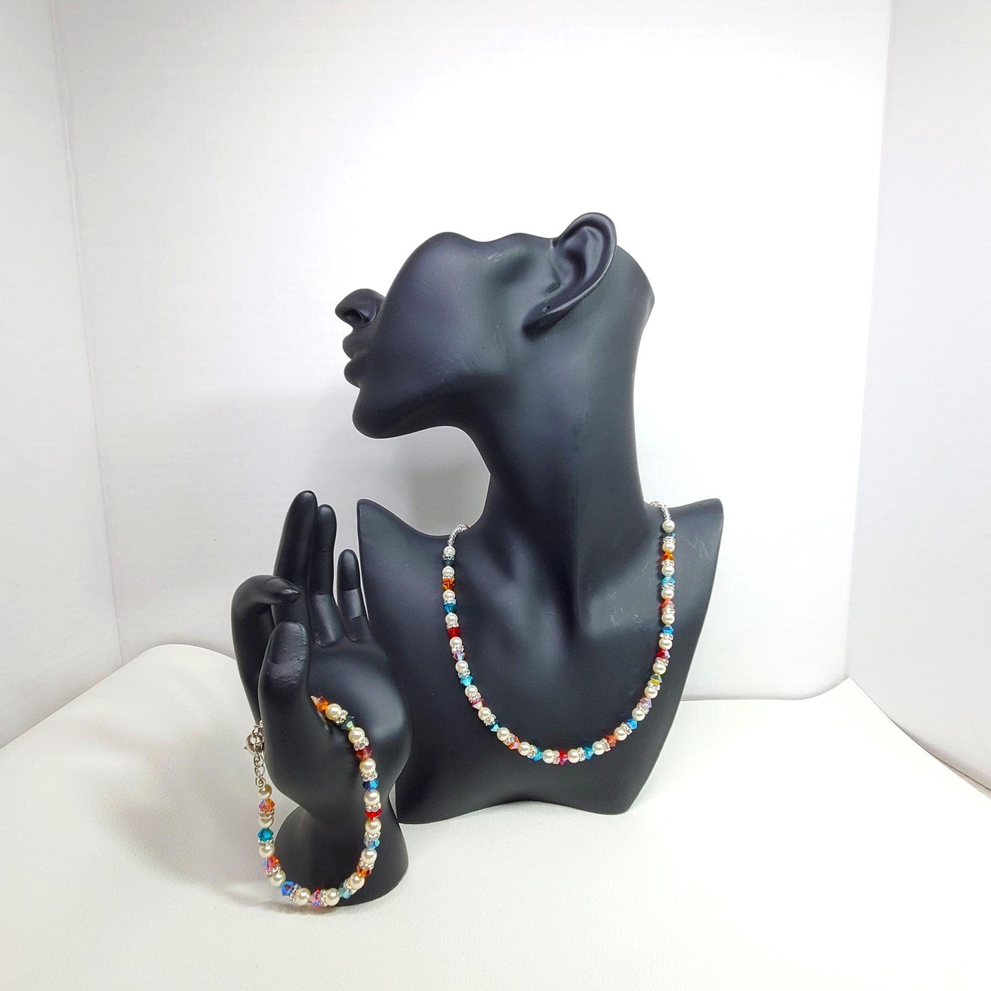 Multi Rainbow Color Crystal Beaded Pearl Necklace and Bracelet Set Wedding Jewelry