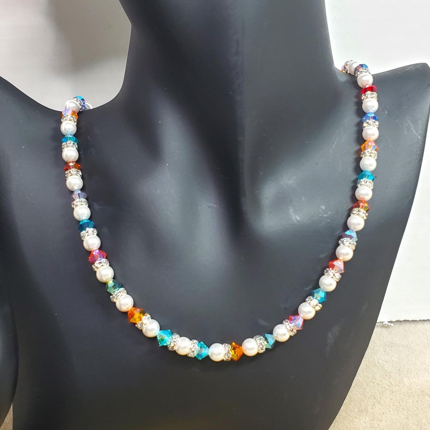 Pearl and Crystal Necklace Multi Rainbow Color Crystal Beaded Pearl Necklace and Bracelet Set Wedding Jewelry