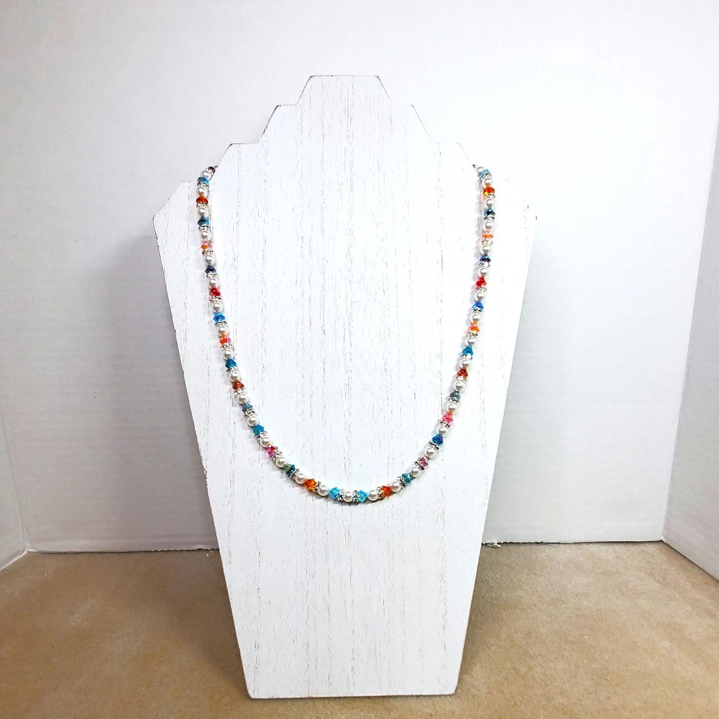 Pearl and Crystal Necklace Multi Rainbow Color Crystal Beaded Pearl Necklace and Bracelet Set Wedding Jewelry