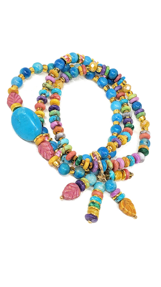 Boho Beaded Charm Bracelet, Blue Beaded Stretch Bracelet