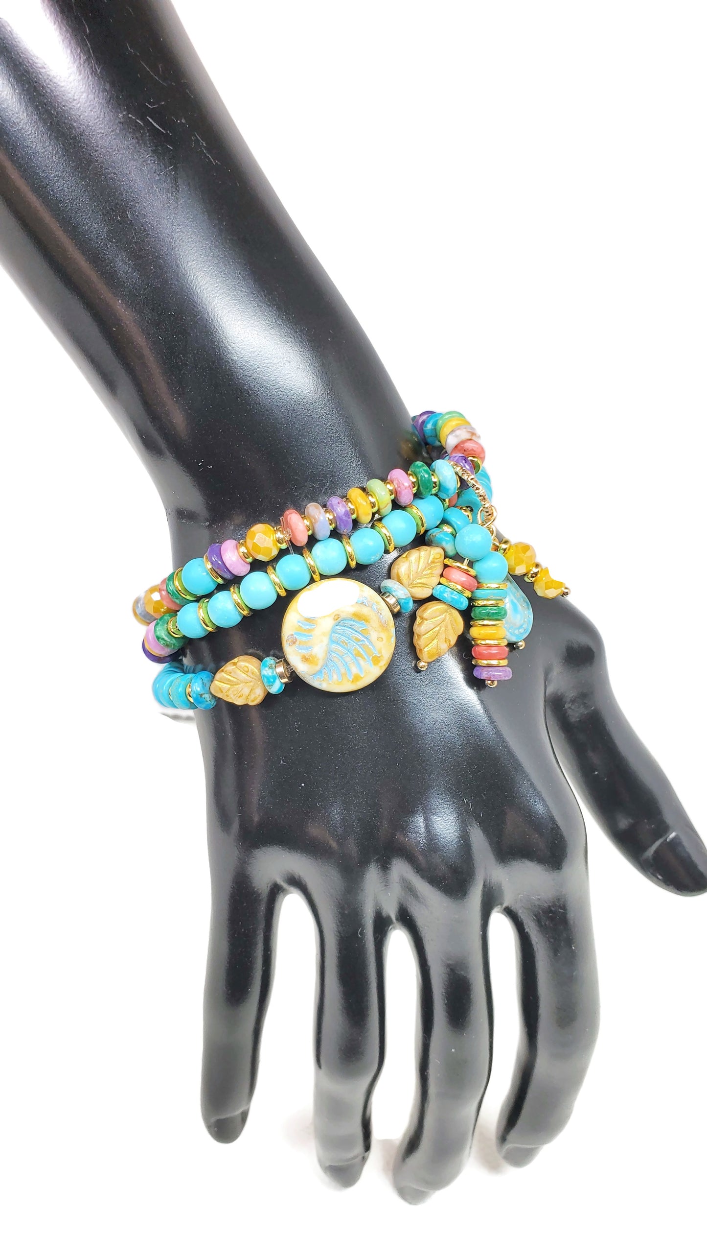 Boho Beaded Charm Bracelet, Blue Beaded Stretch Bracelet