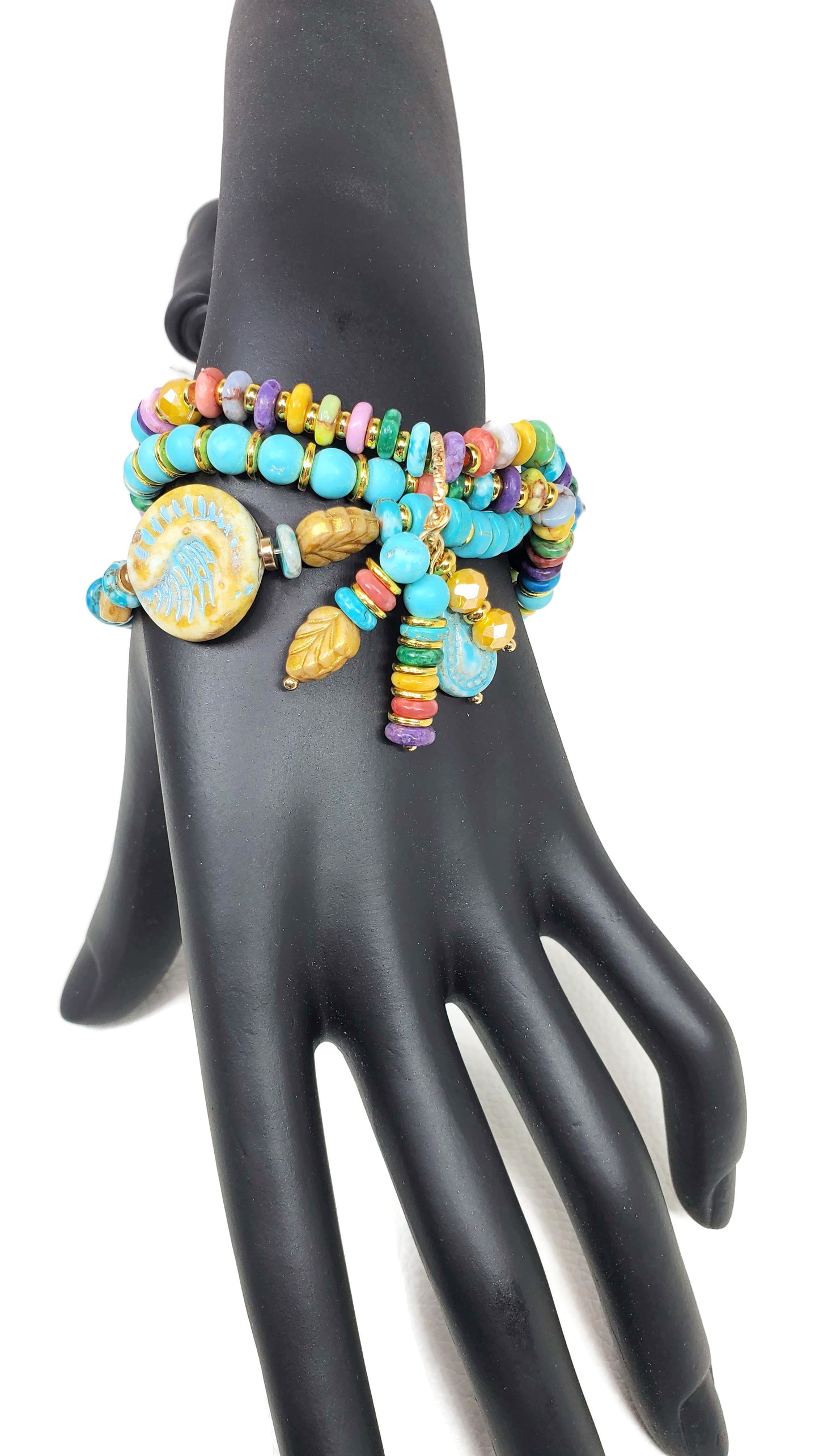 Boho Beaded Charm Bracelet, Blue Beaded Stretch Bracelet