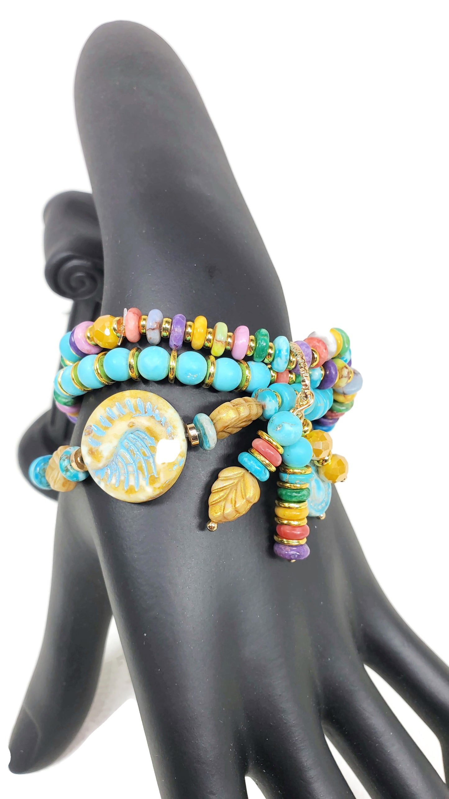 Boho Beaded Charm Bracelet, Blue Beaded Stretch Bracelet