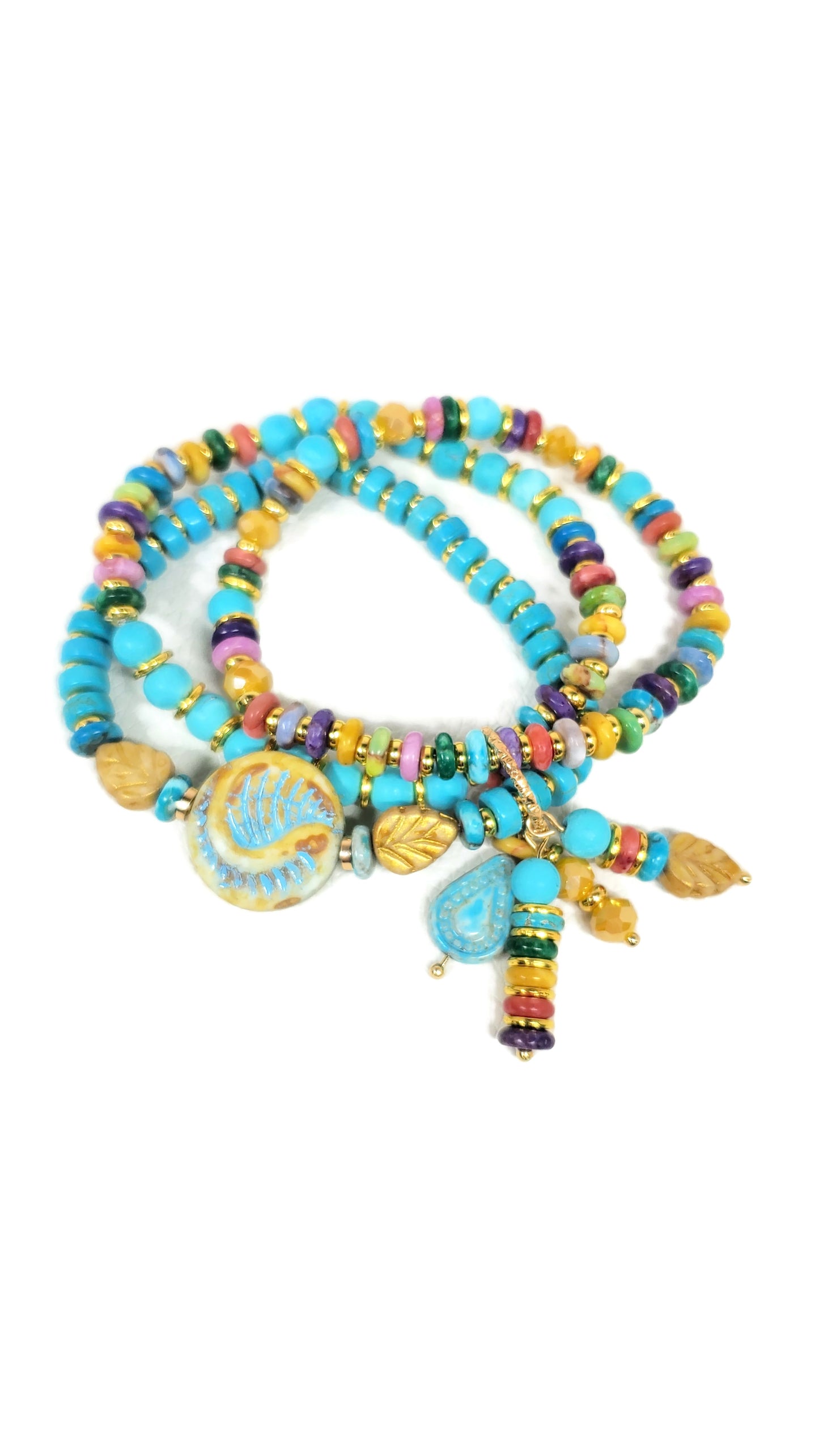 Boho Beaded Charm Bracelet, Blue Beaded Stretch Bracelet