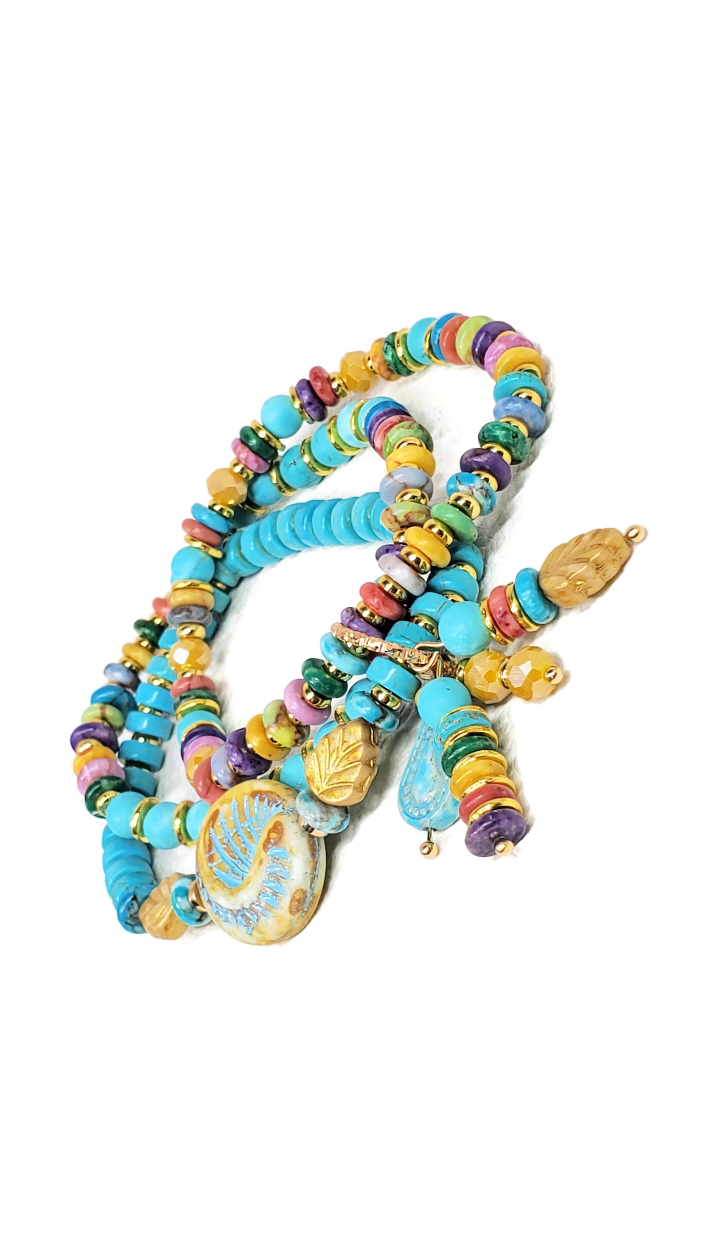 Boho Beaded Charm Bracelet, Blue Beaded Stretch Bracelet