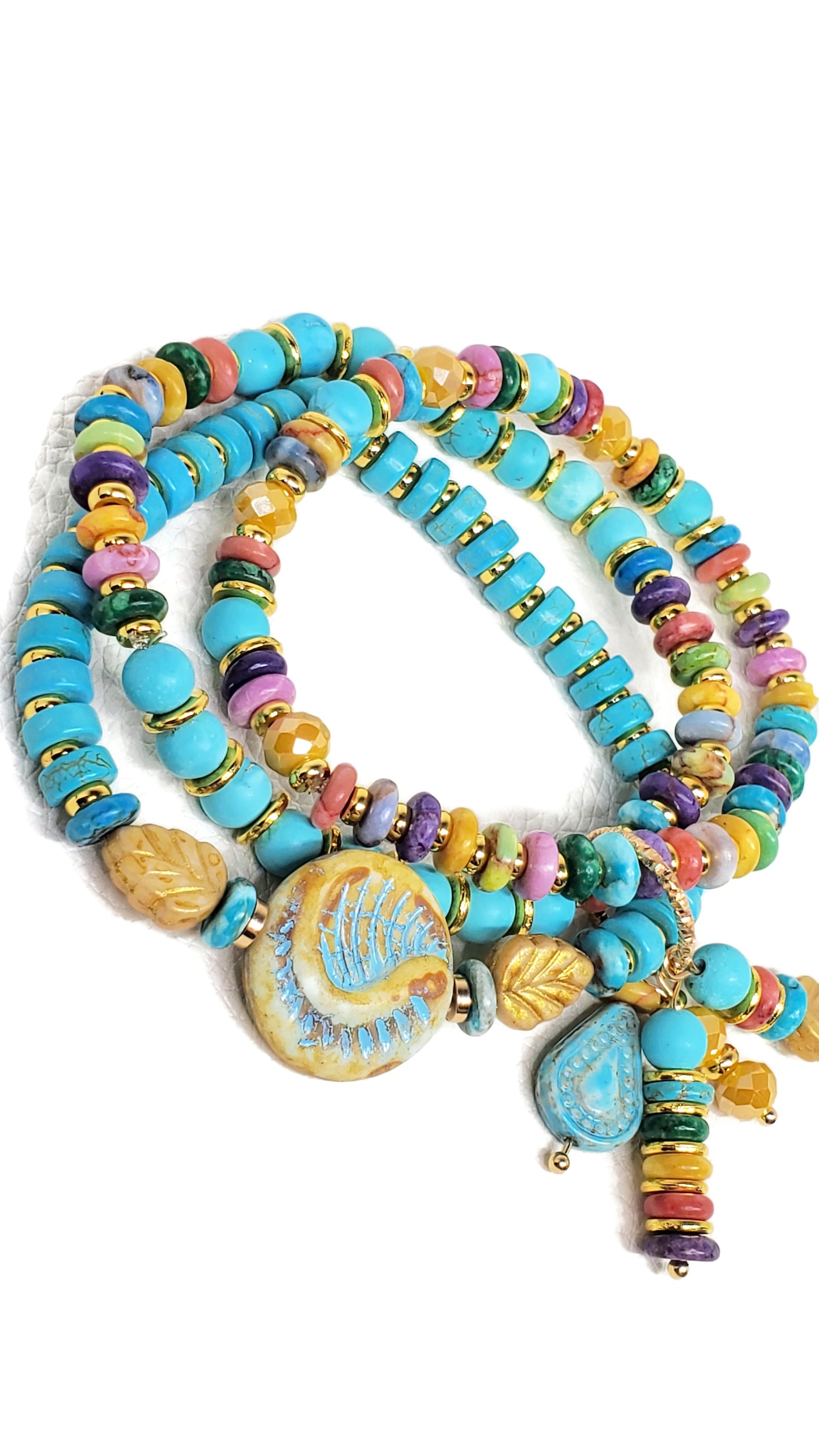 Boho Beaded Charm Bracelet, Blue Beaded Stretch Bracelet