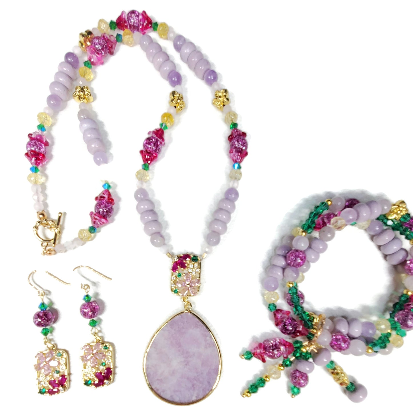 Crystal Flowers Collection | Purple Lepidolite Summer Necklace Set | Boho Necklace Set | Handmade Jewelry Set