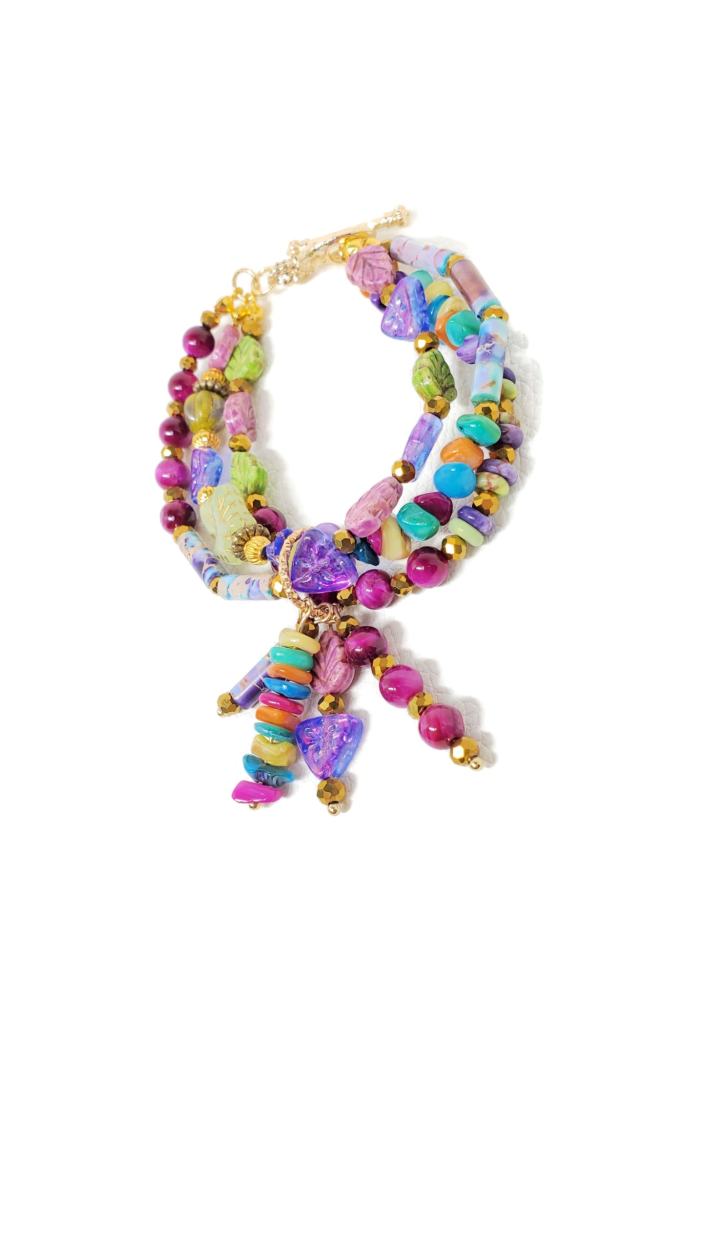 Enchanted Jewel Tones Boho Charm Bracelet, Beaded Wire Bracelet