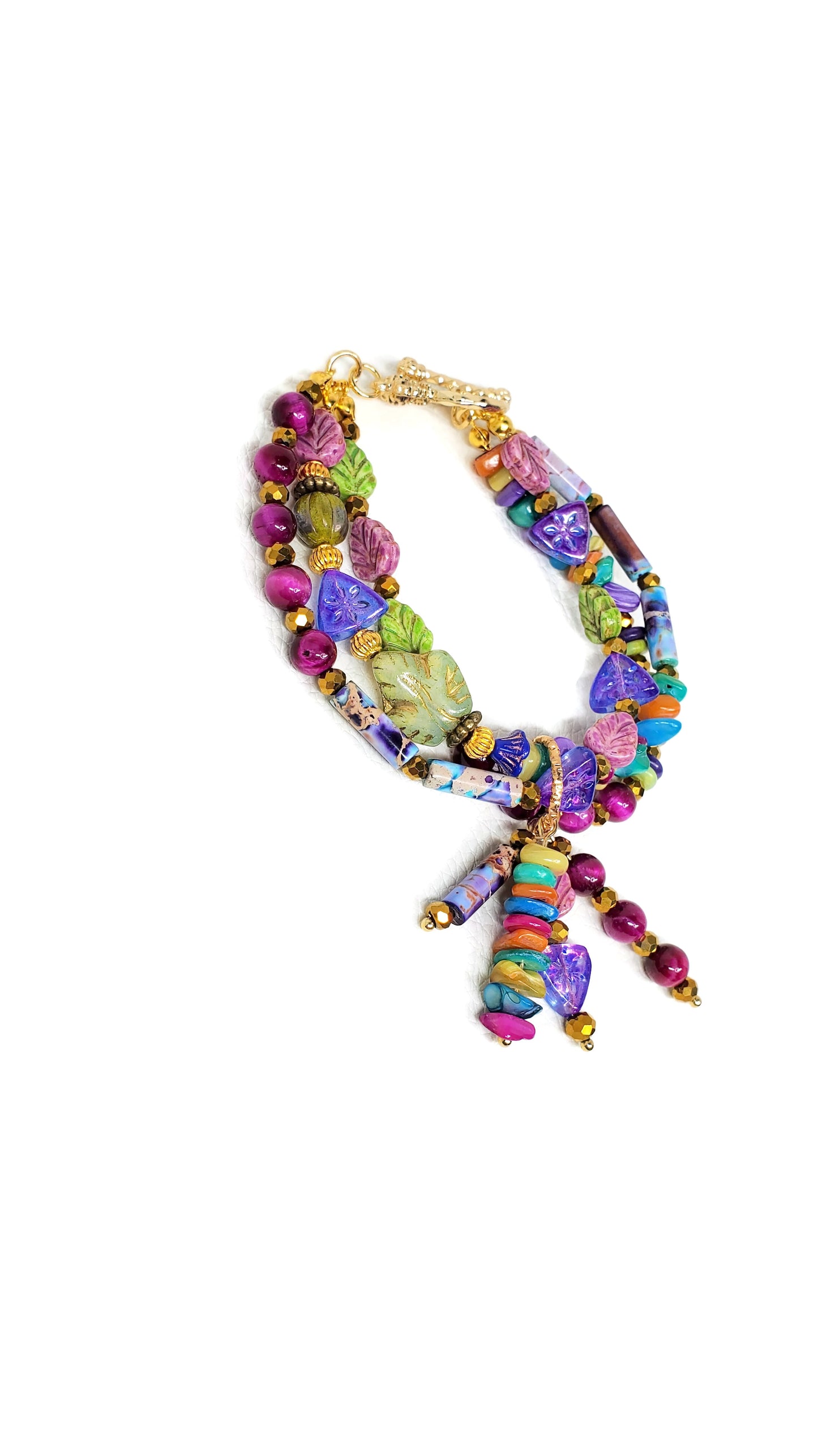 Enchanted Jewel Tones Boho Charm Bracelet, Beaded Wire Bracelet