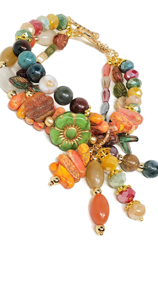 Falling For Fall Czech Glass Crystal Jade Jasper Toggle Charm Bracelet