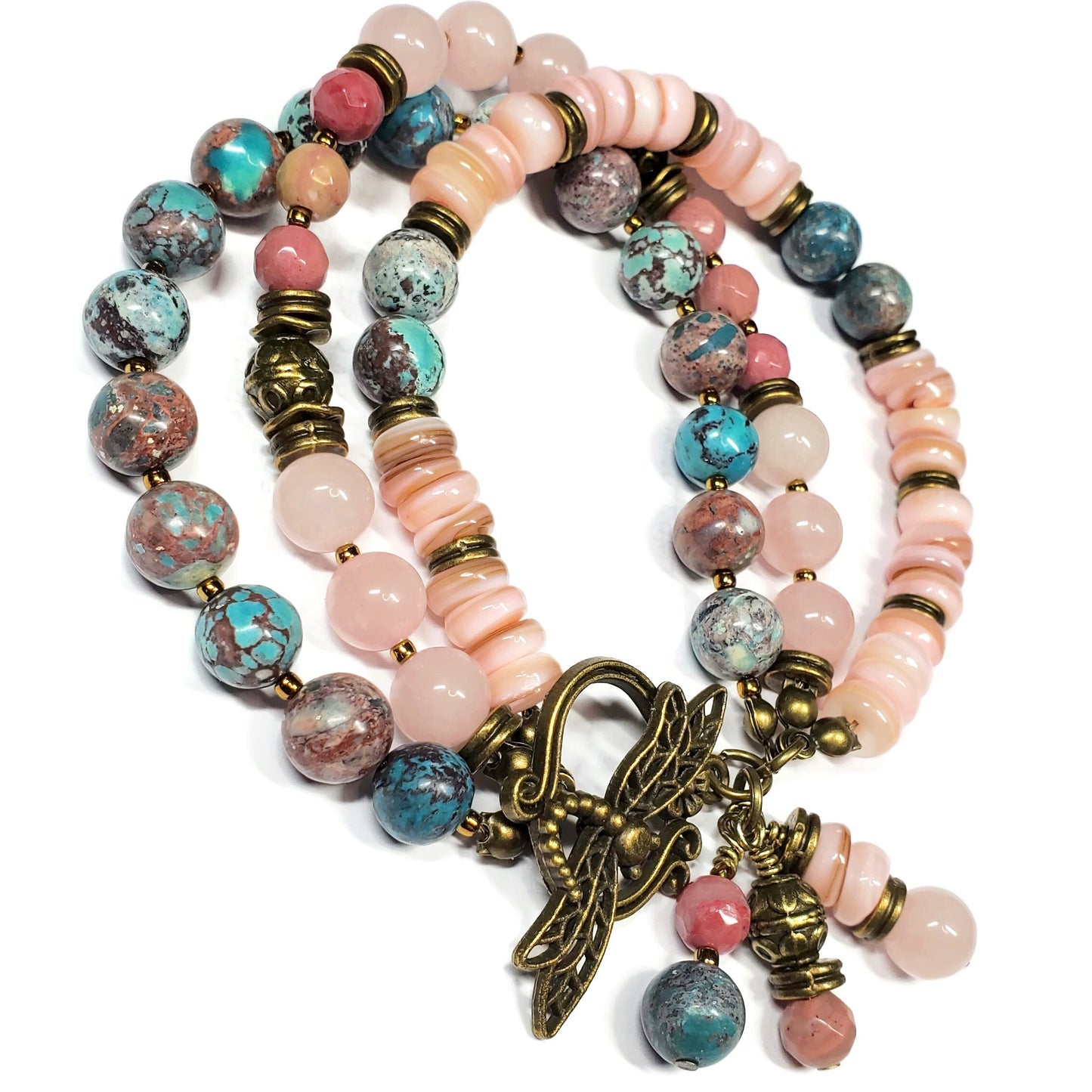 Three Strand Gemstone Bracelet – Rose Quartz, Rhodonite & Nevada Turquoise – Boho Layered Beaded Bracelet