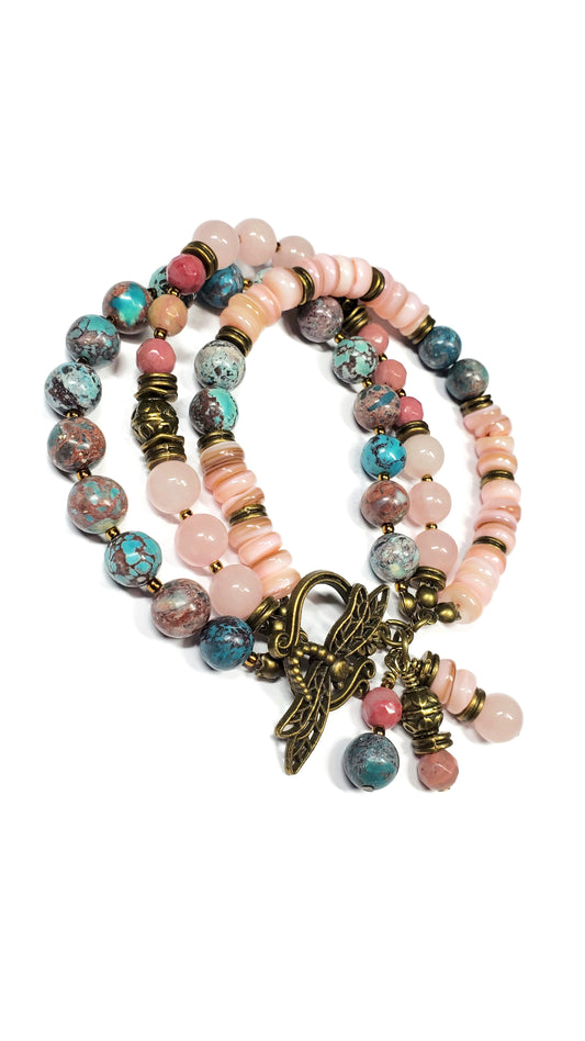 Three Strand Gemstone Bracelet – Rose Quartz, Rhodonite & Nevada Turquoise – Boho Layered Beaded Bracelet
