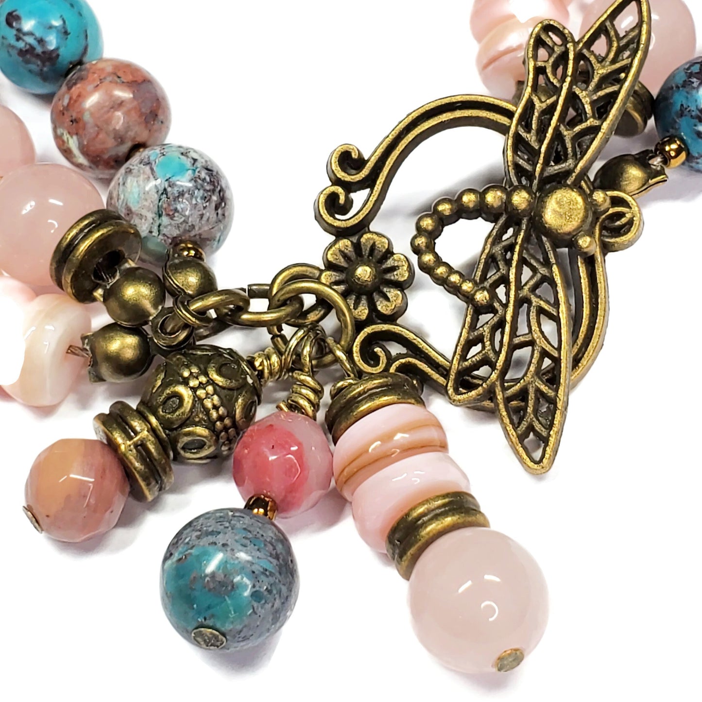 Three Strand Gemstone Bracelet – Rose Quartz, Rhodonite & Nevada Turquoise – Boho Layered Beaded Bracelet