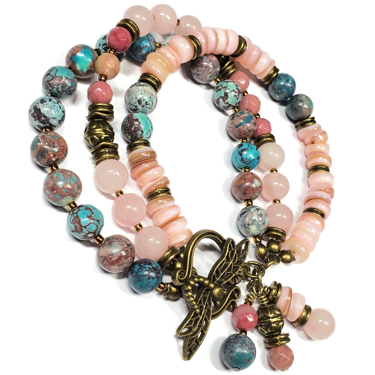 Three Strand Gemstone Bracelet – Rose Quartz, Rhodonite & Nevada Turquoise – Boho Layered Beaded Bracelet