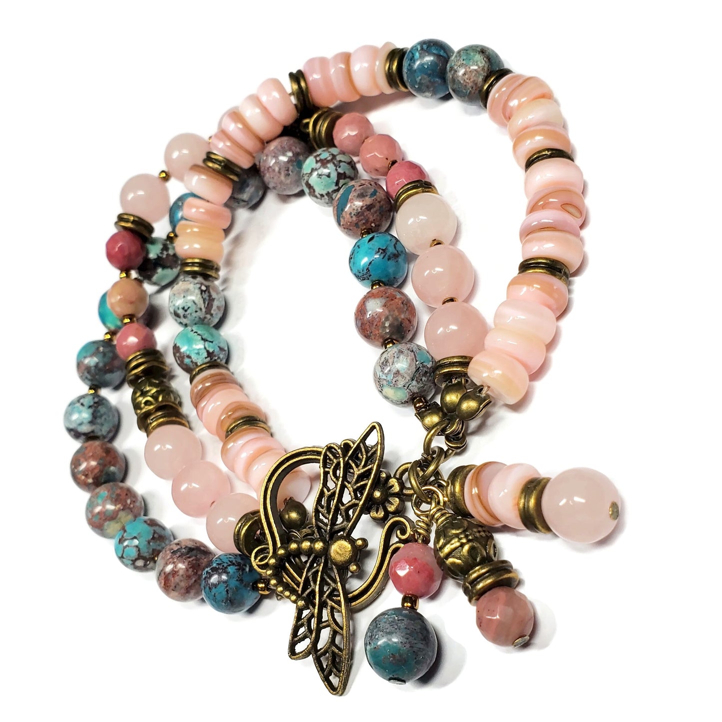 Three Strand Gemstone Bracelet – Rose Quartz, Rhodonite & Nevada Turquoise – Boho Layered Beaded Bracelet