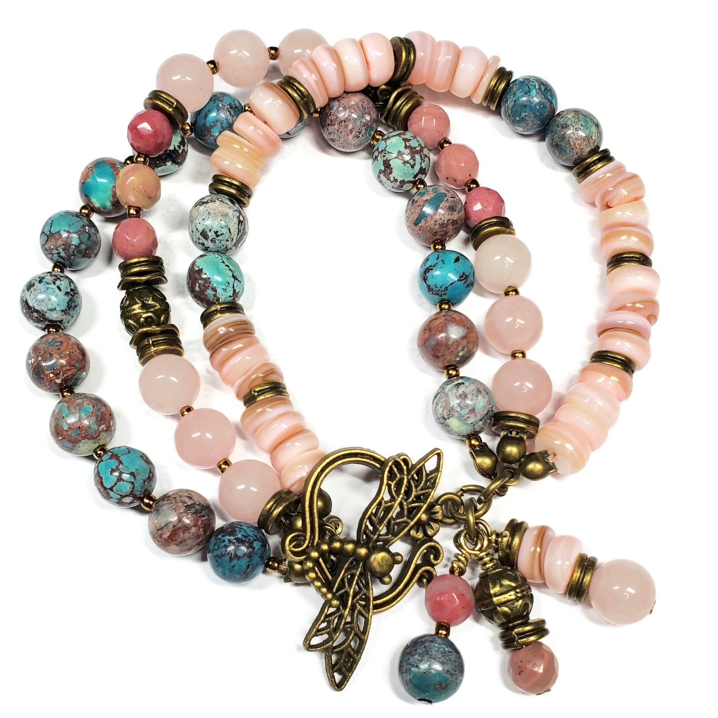 Three Strand Gemstone Bracelet – Rose Quartz, Rhodonite & Nevada Turquoise – Boho Layered Beaded Bracelet