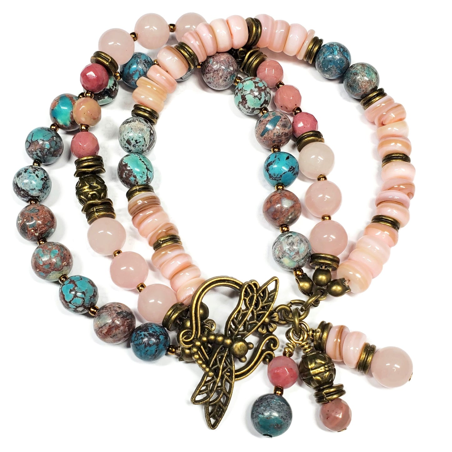 Three Strand Gemstone Bracelet – Rose Quartz, Rhodonite & Nevada Turquoise – Boho Layered Beaded Bracelet