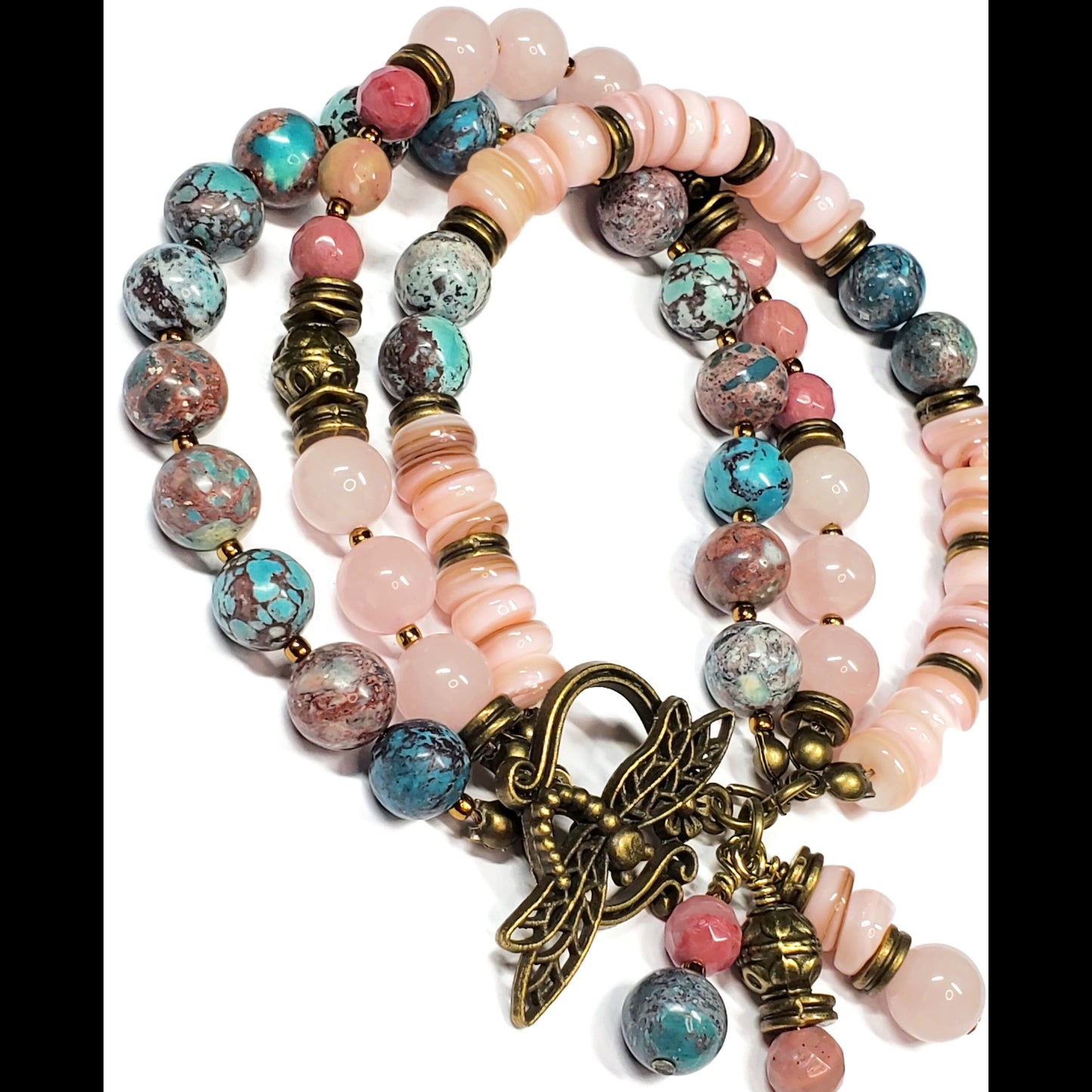 Three Strand Gemstone Bracelet – Rose Quartz, Rhodonite & Nevada Turquoise – Boho Layered Beaded Bracelet