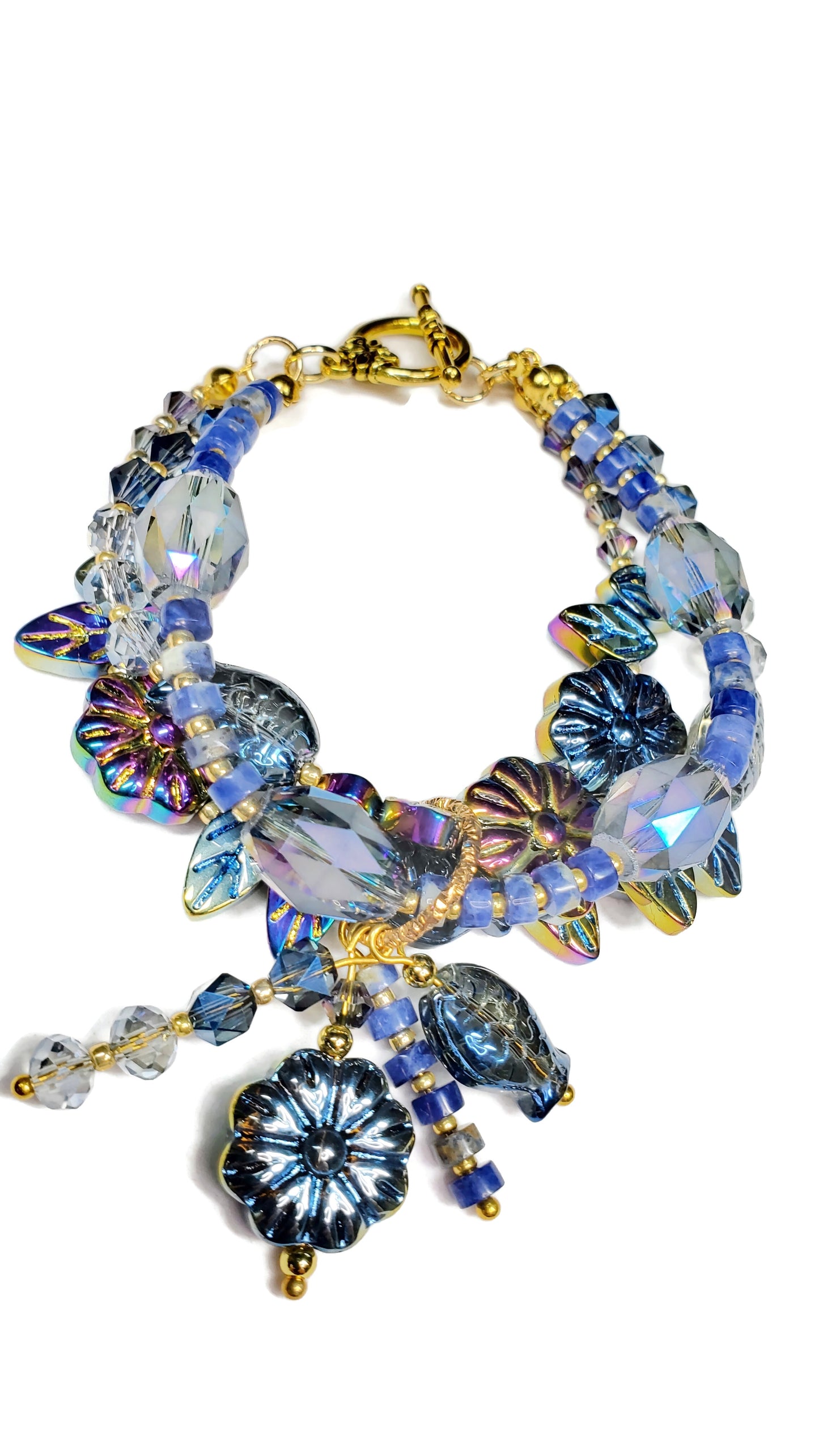 Three-Strand Czech Glass Bracelet – Crystal Beaded Charm Bracelet with Fish, Leaves & Floral Beads – Handmade Layered Boho Jewelry