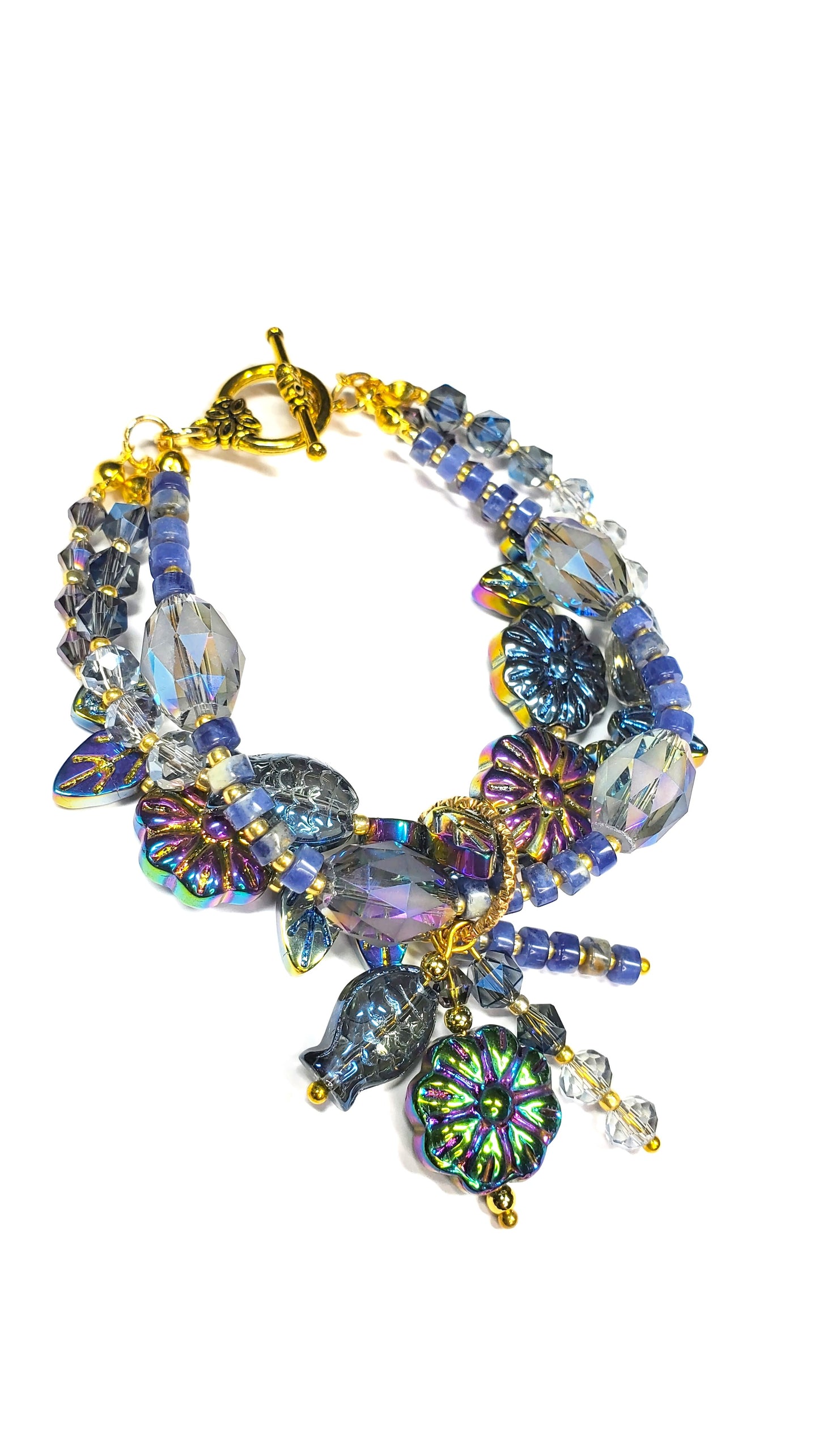 Three-Strand Czech Glass Bracelet – Crystal Beaded Charm Bracelet with Fish, Leaves & Floral Beads – Handmade Layered Boho Jewelry