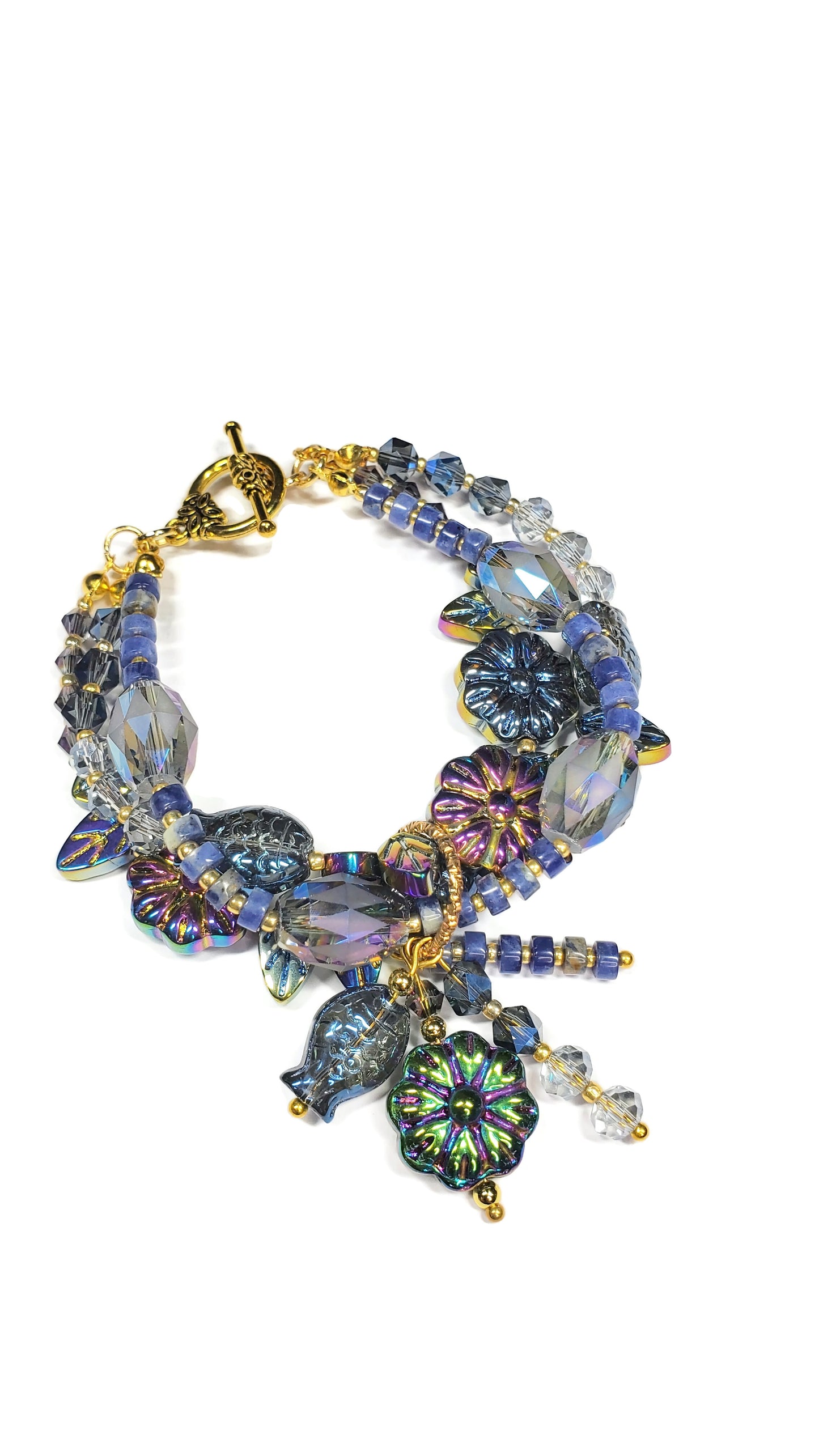 Three-Strand Czech Glass Bracelet – Crystal Beaded Charm Bracelet with Fish, Leaves & Floral Beads – Handmade Layered Boho Jewelry