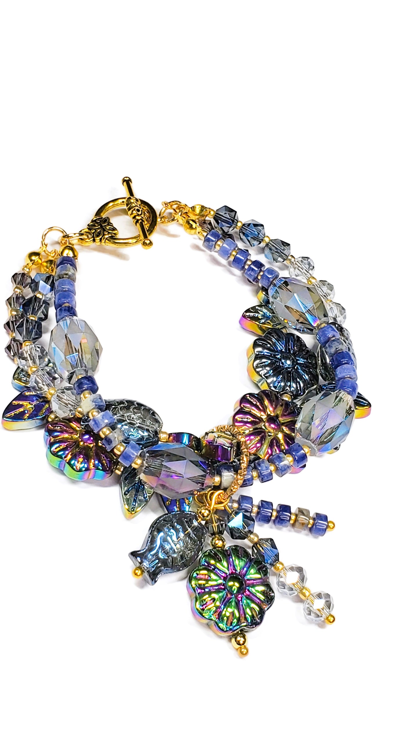 Three-Strand Czech Glass Bracelet – Crystal Beaded Charm Bracelet with Fish, Leaves & Floral Beads – Handmade Layered Boho Jewelry