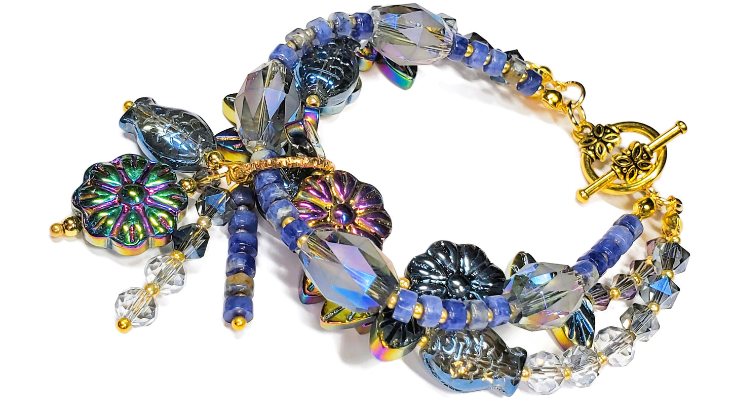 Three-Strand Czech Glass Bracelet – Crystal Beaded Charm Bracelet with Fish, Leaves & Floral Beads – Handmade Layered Boho Jewelry