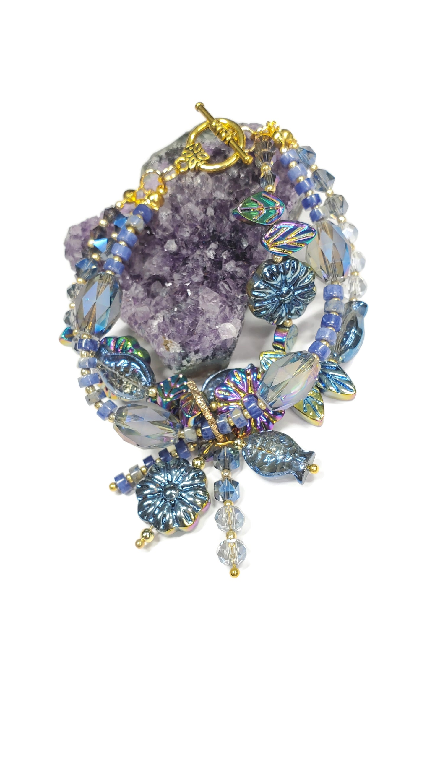 Three-Strand Czech Glass Bracelet – Crystal Beaded Charm Bracelet with Fish, Leaves & Floral Beads – Handmade Layered Boho Jewelry