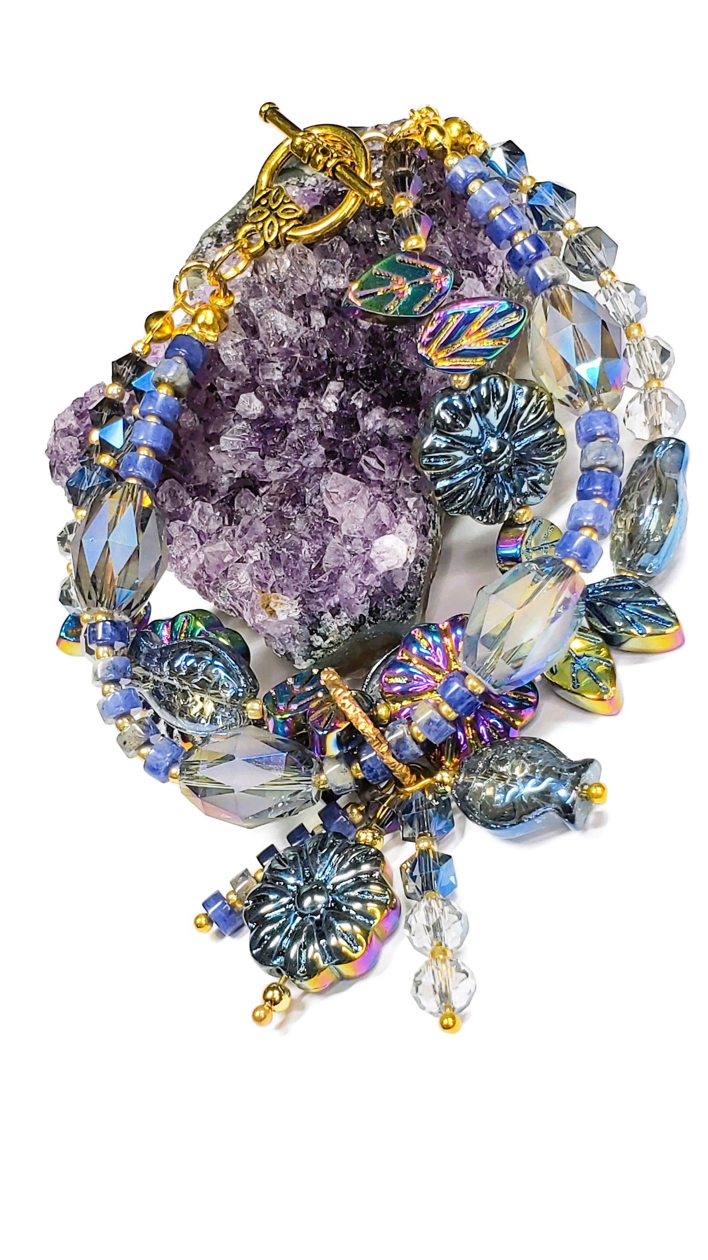 Three-Strand Czech Glass Bracelet – Crystal Beaded Charm Bracelet with Fish, Leaves & Floral Beads – Handmade Layered Boho Jewelry