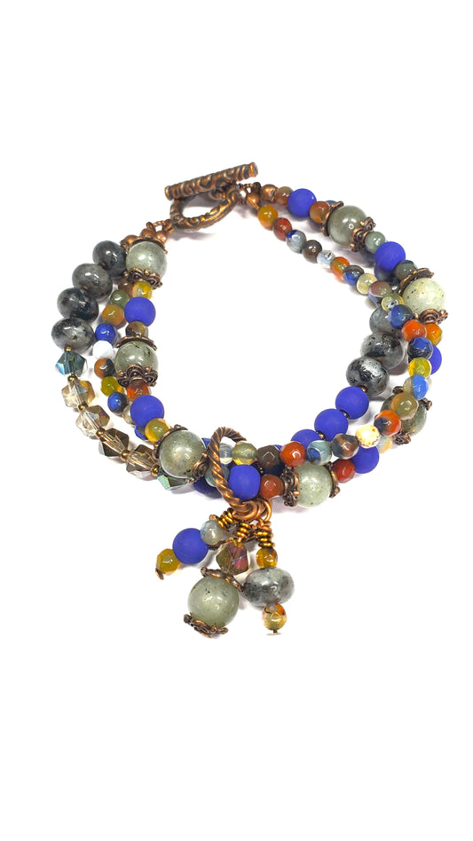 Labradorite Crystal Charm Bracelet – Triple Layer Wire Wrapped Boho Gemstone Jewelry – Multi-Stone Beaded Bracelet for Women