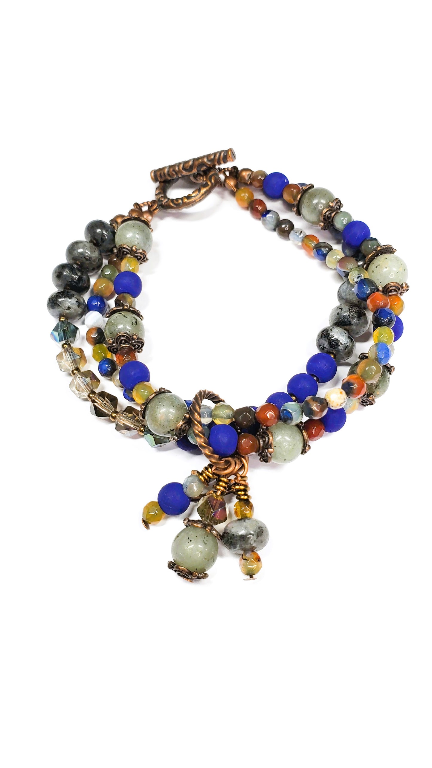 Labradorite Crystal Charm Bracelet – Triple Layer Wire Wrapped Boho Gemstone Jewelry – Multi-Stone Beaded Bracelet for Women