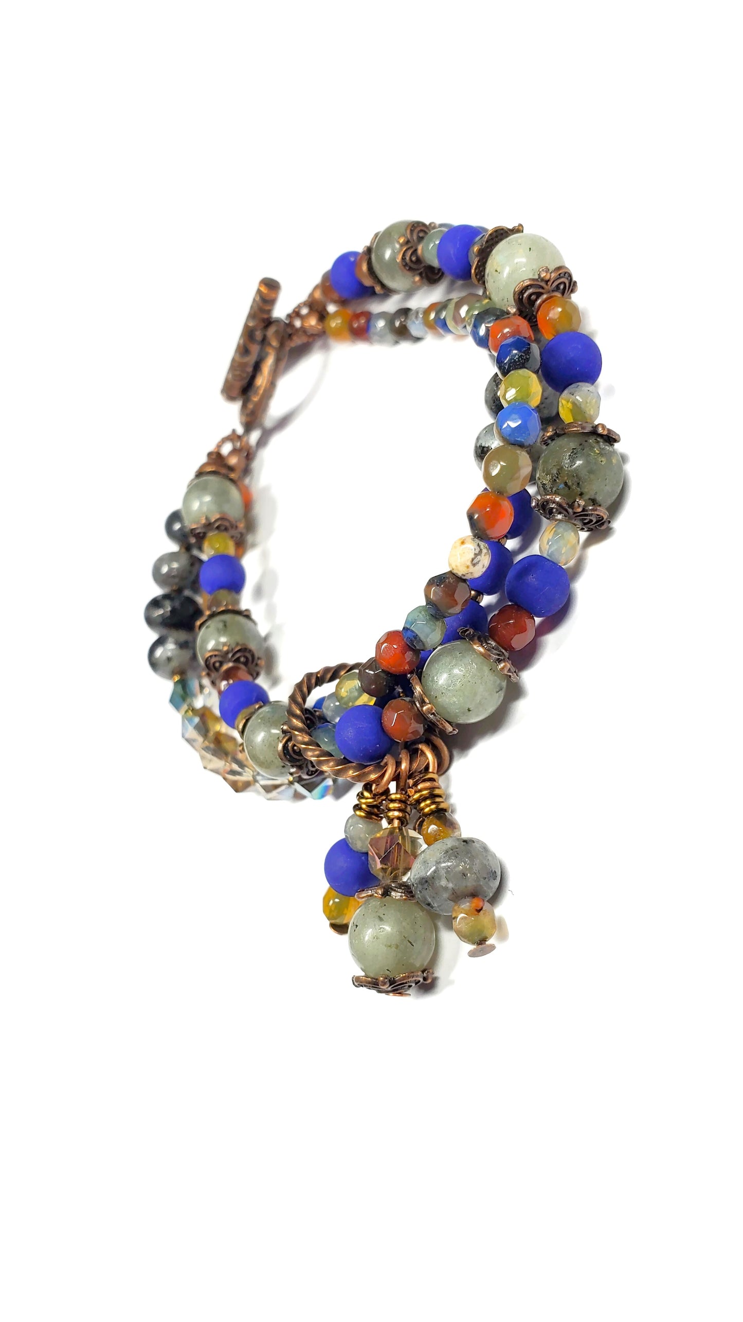 Labradorite Crystal Charm Bracelet – Triple Layer Wire Wrapped Boho Gemstone Jewelry – Multi-Stone Beaded Bracelet for Women