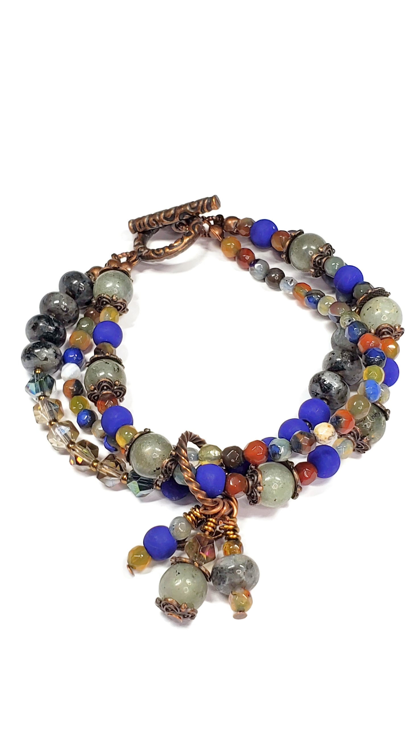 Labradorite Crystal Charm Bracelet – Triple Layer Wire Wrapped Boho Gemstone Jewelry – Multi-Stone Beaded Bracelet for Women