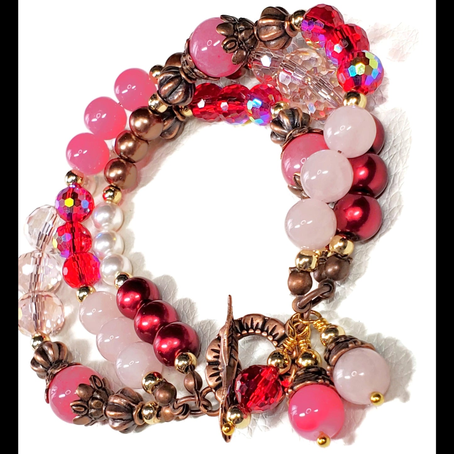 Rose Quartz & Agate Triple Layer Wire-Wrapped Toggle Bracelet
