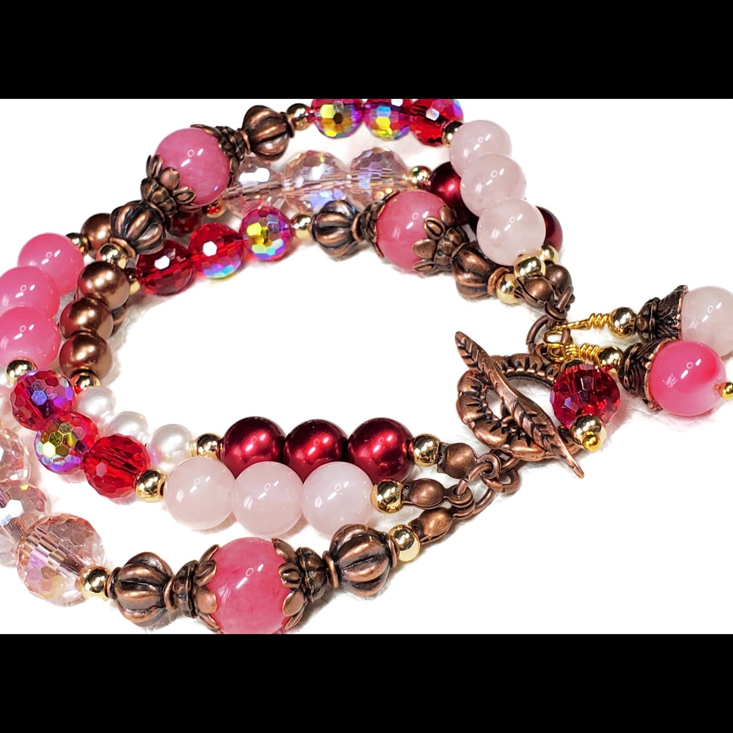 Rose Quartz & Agate Triple Layer Wire-Wrapped Toggle Bracelet