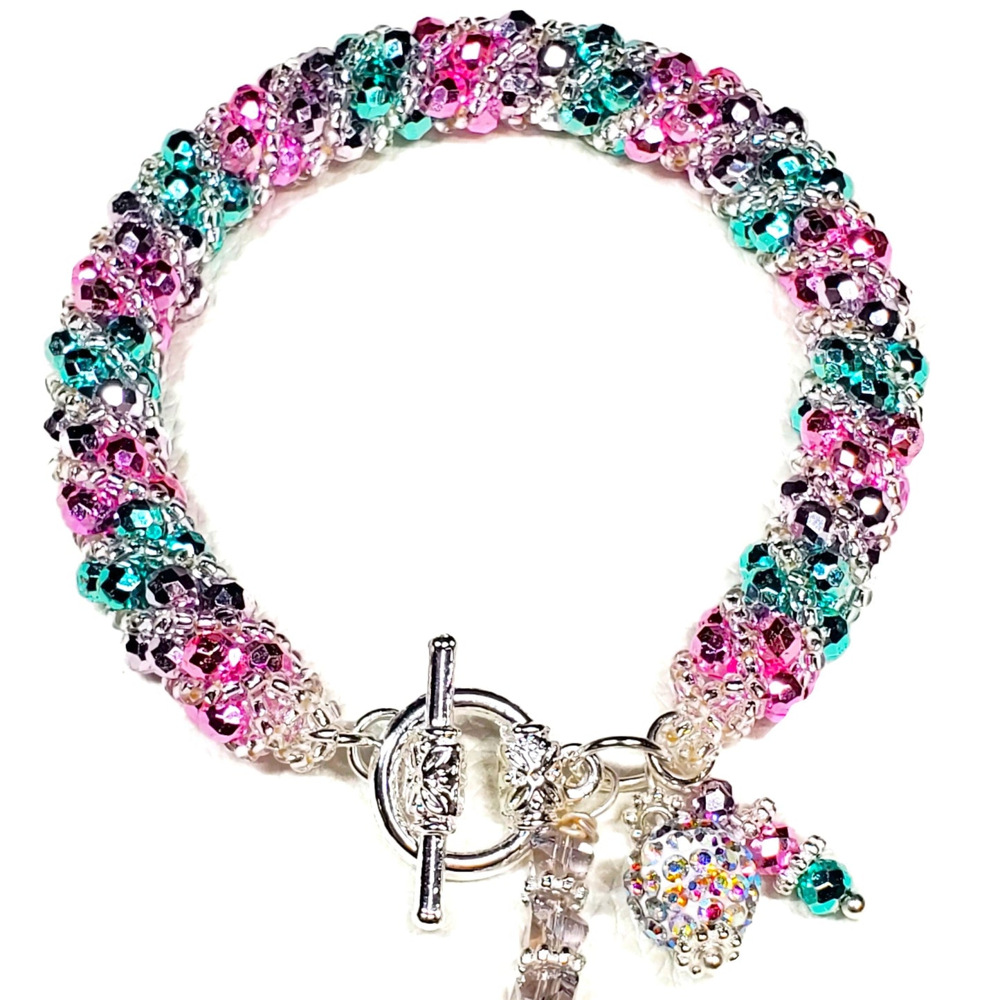 Handmade Colorful Crystal Rope Bracelet – Charm Bracelet – Silver Toggle Clasp Jewelry – Vibrant Multi-Color Beaded Bracelet