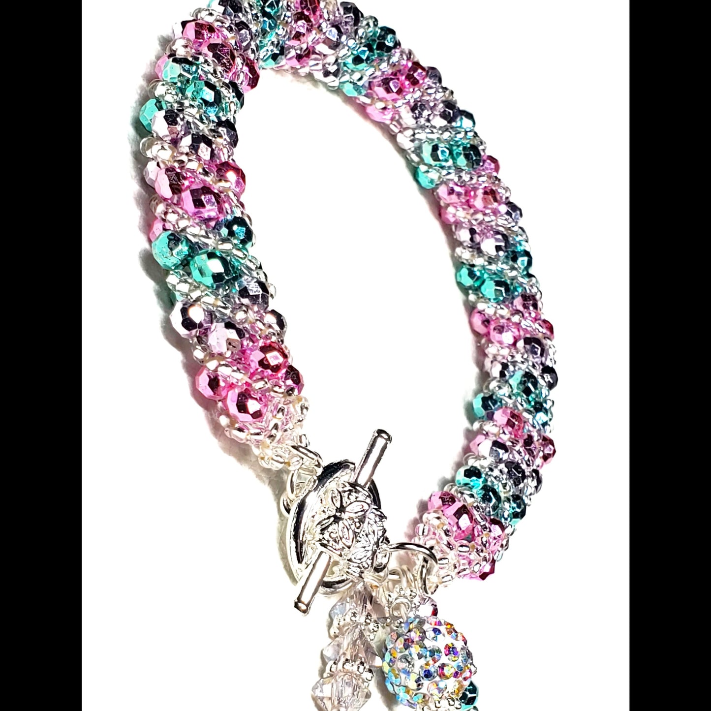 Handmade Colorful Crystal Rope Bracelet – Charm Bracelet – Silver Toggle Clasp Jewelry – Vibrant Multi-Color Beaded Bracelet