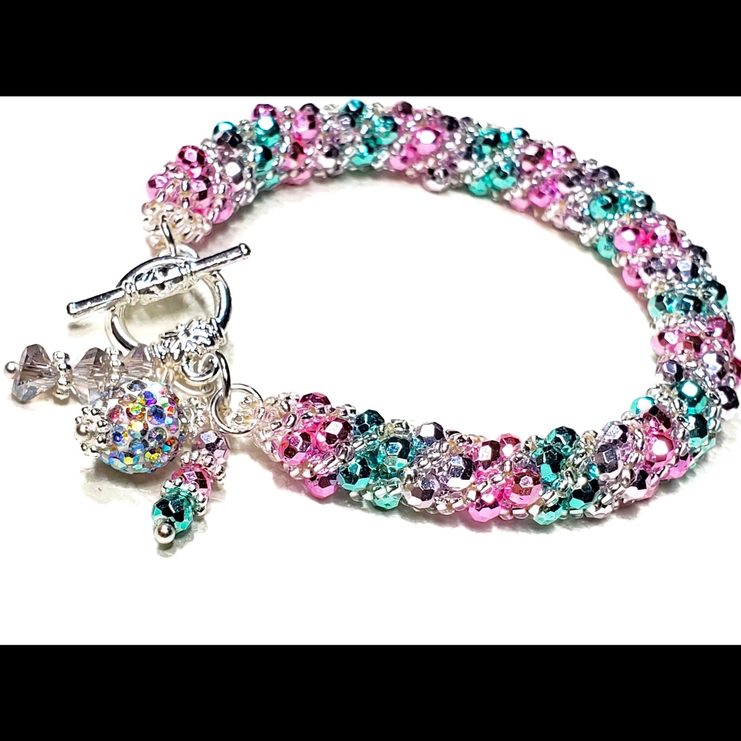 Handmade Colorful Crystal Rope Bracelet – Charm Bracelet – Silver Toggle Clasp Jewelry – Vibrant Multi-Color Beaded Bracelet