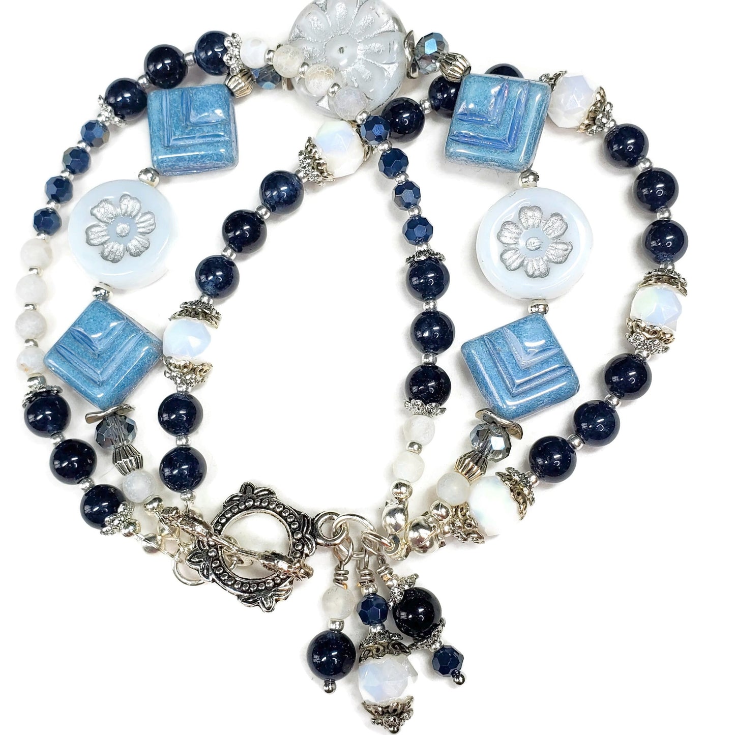 Three Strand Blue Tourmaline & Czech Glass Bracelet – Navy Blue Beaded Charm Bracelet – Floral Silver Toggle – Handmade Layered Bracelet