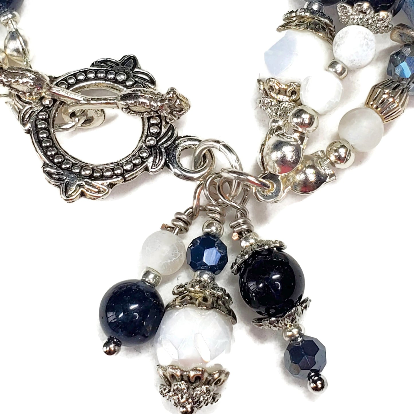Three Strand Blue Tourmaline & Czech Glass Bracelet – Navy Blue Beaded Charm Bracelet – Floral Silver Toggle – Handmade Layered Bracelet