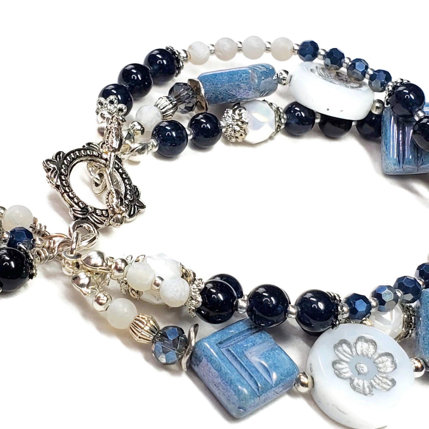 Three Strand Blue Tourmaline & Czech Glass Bracelet – Navy Blue Beaded Charm Bracelet – Floral Silver Toggle – Handmade Layered Bracelet
